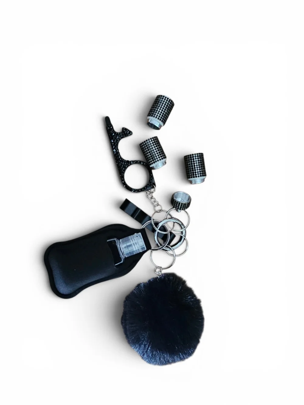 New. Black Pom Pom Keychain Hand Sanitizer Holder, Pill Holder with Multi-Tool
